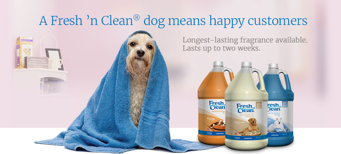 Bathed dog in a towel, featured products Fresh 'n Clean® gallon formulas for groomers. Bathed dog in a towel, featured products Fresh 'n Clean® gallon formulas for groomers.